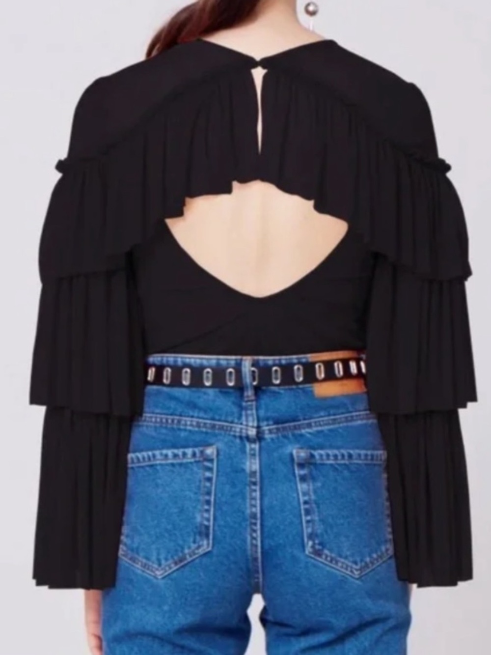 Amanda Uprichard Black Mesh Tiered Sleeve Bodysuit - Picture 2 of 6